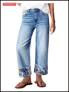 Embroidered Cuffed Straight Leg Crop Jeans Stretch Denim Raw Hem